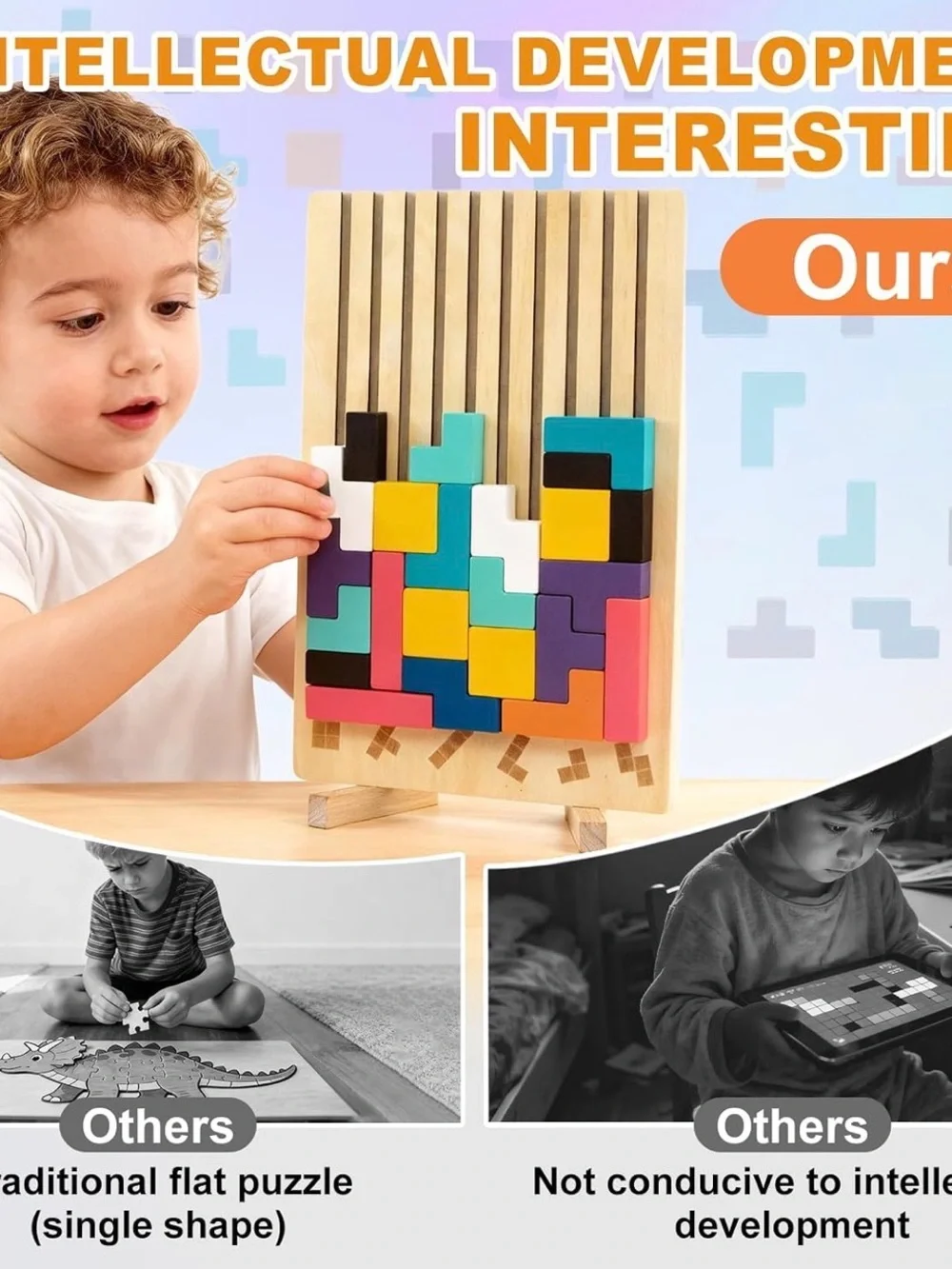 NWB Wooden Montessori Blocks Puzzle for Kids, Brain Teaser Stacking Toy Russian